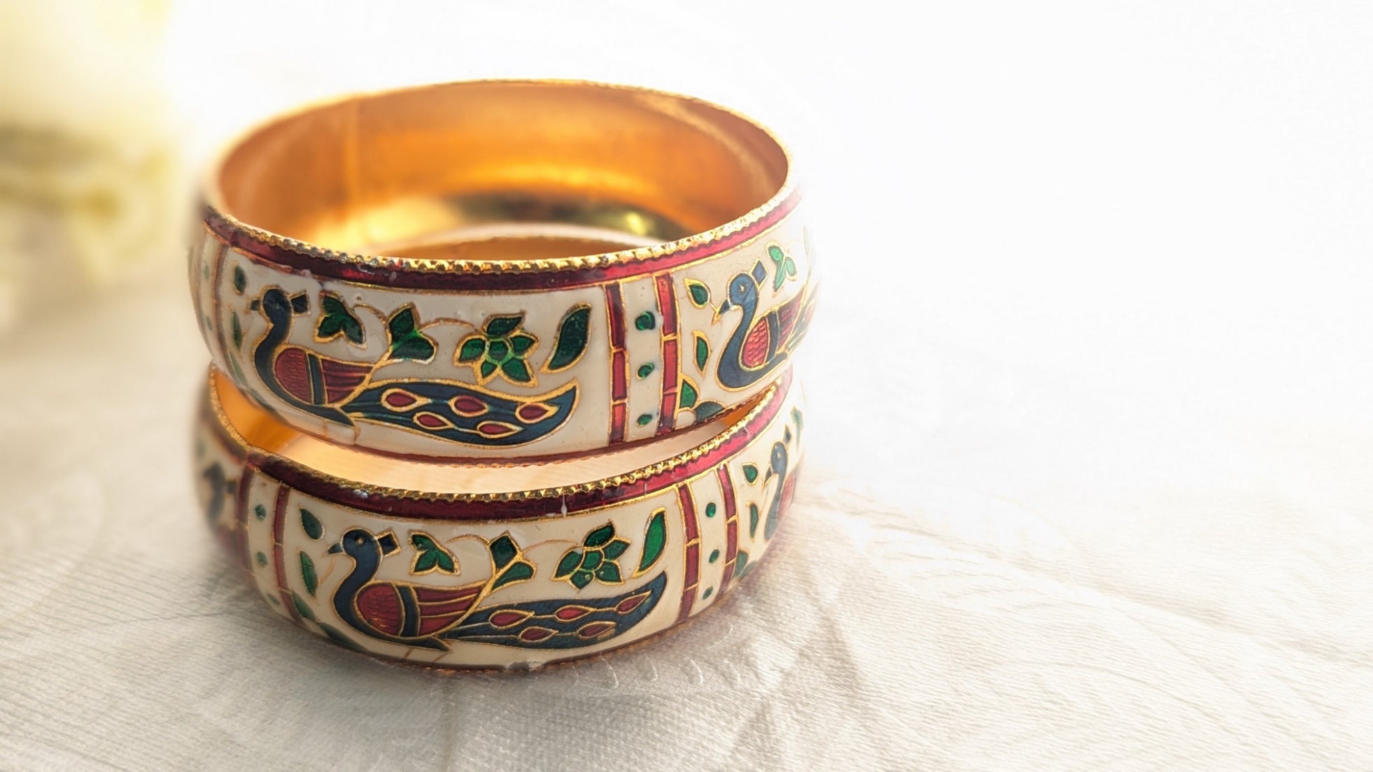 Traditional Set Of 2 White Color Minakari Bangles With Peacock Enamel Work | Size 2.6